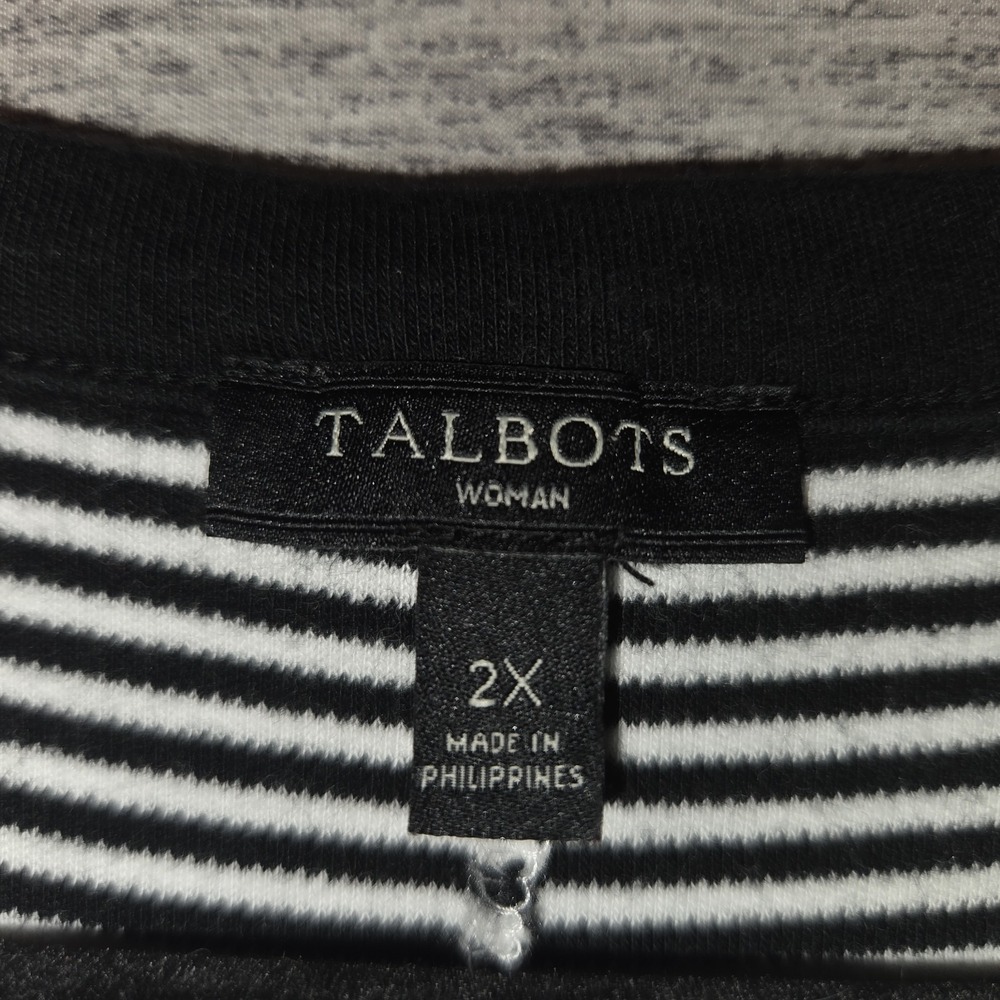 TALBOTS Cotton Swing Dress Womens 2XL Black White Striped Button Accent Shoulder - Picture 2 of 5